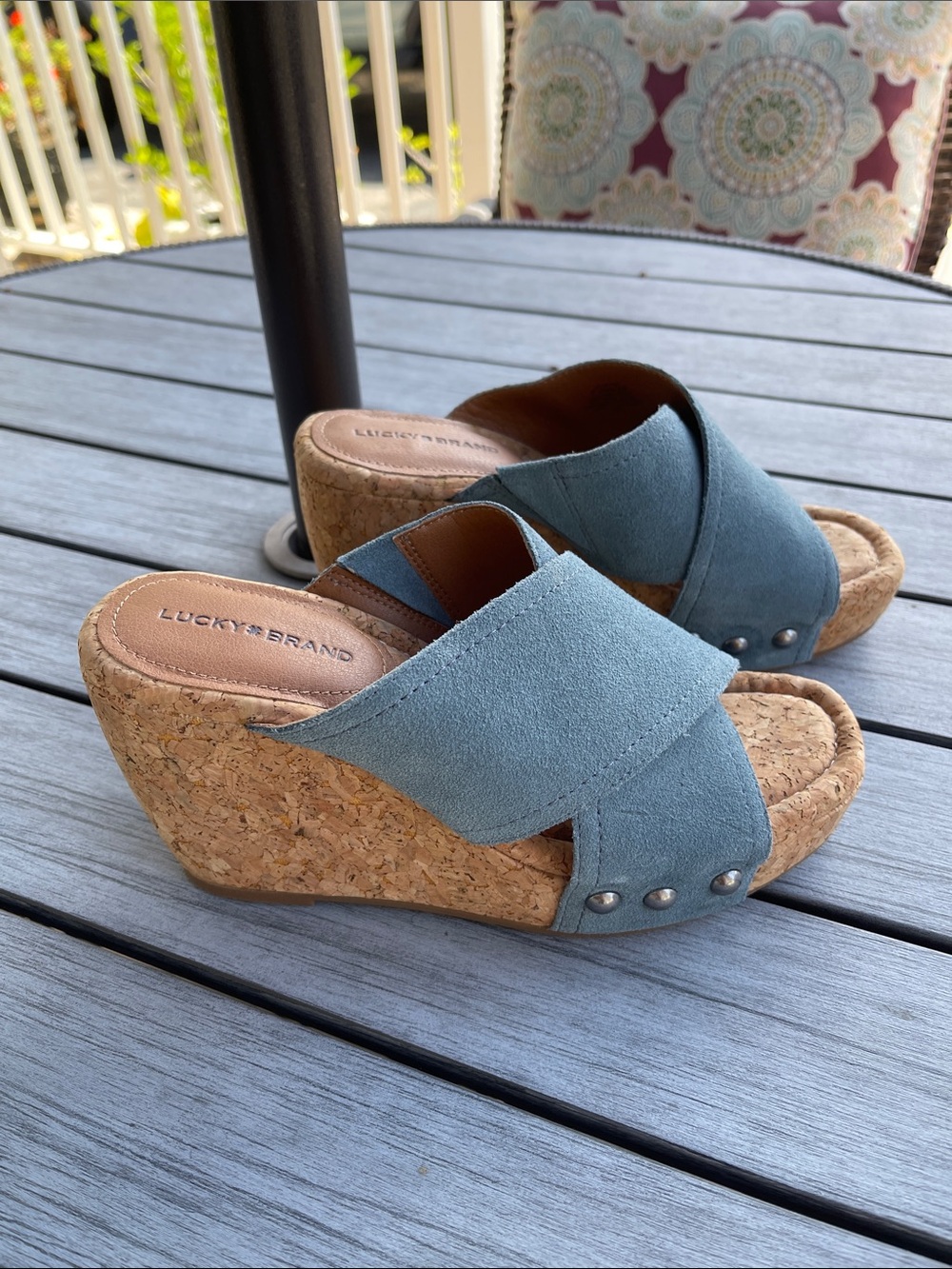 Lucky Brand Teal Cork Wedge Slide Sandals